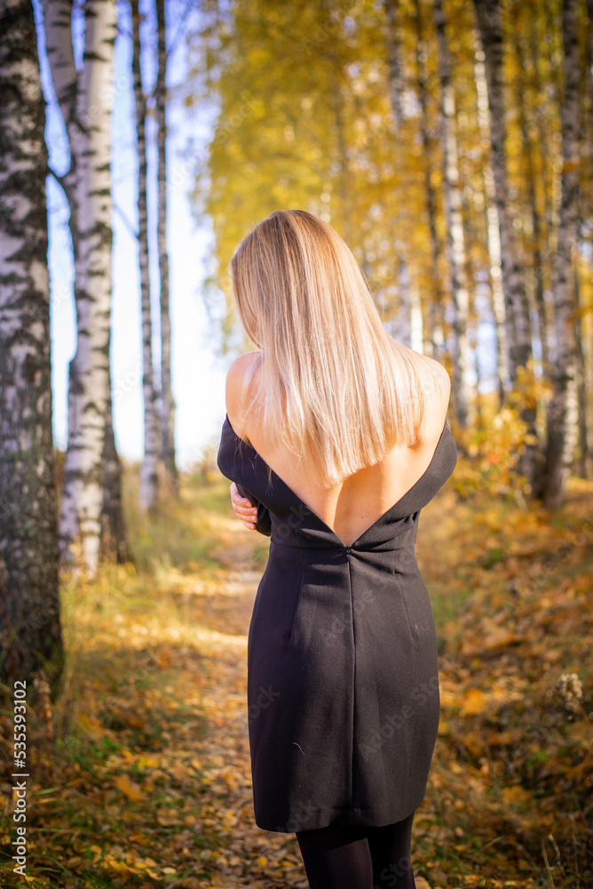 A girl in a black short dress walks on a beautiful autumn day in the park. Autumn Park.