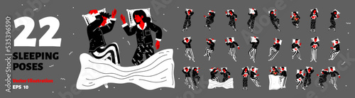Top view of people sleeping in 22 different poses. Flat vector illustration set of happy single man, woman and couple lying in bed, having rest at night, wearing pajamas isolated on grey background