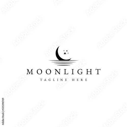 Photo moonlight logo design. crescent moon above water logo.