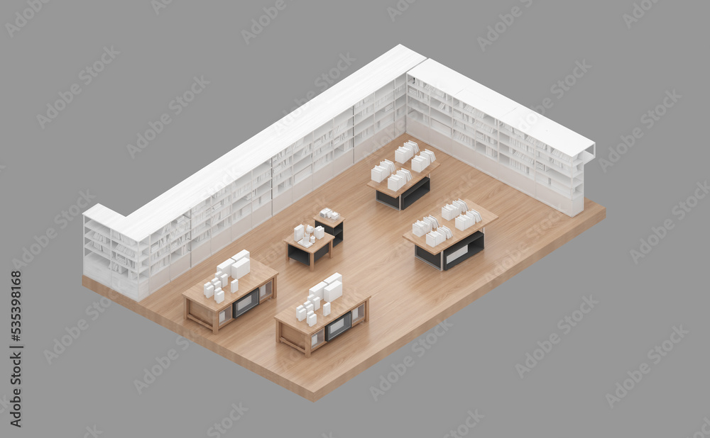 Isometric view of book store,shopping malls, 3d rendering.