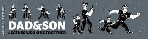 Dad and son in policeman costume work together. Father police officer and boy with cap, baton, gun and handcuffs, vector black and white hand drawn illustration