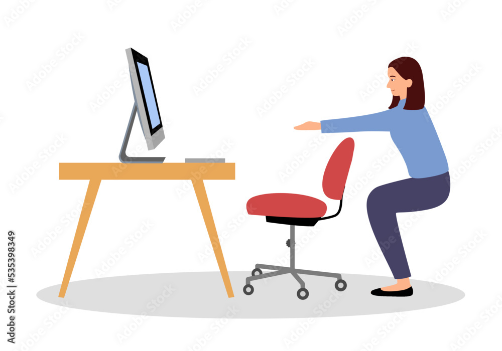Fototapeta premium Businesswoman doing exercise in office concept vector illustration. Office syndrome prevention. Stretching exercise.