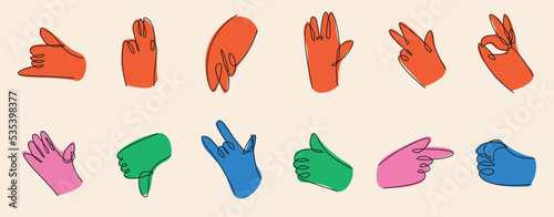 Abstract human hands background set of isolated icons with various finger and hand gestures. Hand drawn. Colorful abstract vector illustration