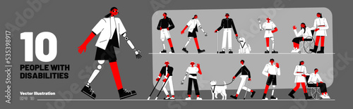 People with disabilities, men and women prosthesis, blind persons with guide dogs, characters in wheelchairs, with stick and crutches, vector black, red and white flat illustration