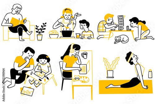 Various people in family doing activities at home, reading, playing game, using laptop, parenting with children, yoga. Doodle style, outline, linear, thin line art, hand drawn sketch.