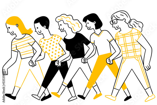Cute character doodle illustration of different races women holding hands and walking together, in concept of feminism's movement and strength. Outline, linear, thin line art, hand drawn sketch. 