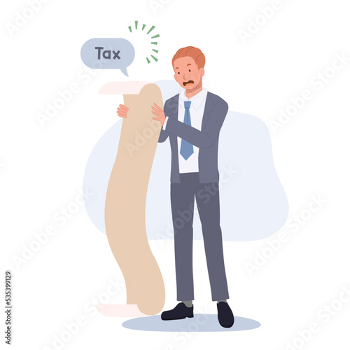 Big amount bill. tax bill, Businessman feeling shock with debt pay paper, shocked worried person reading money receipt. vector illustration