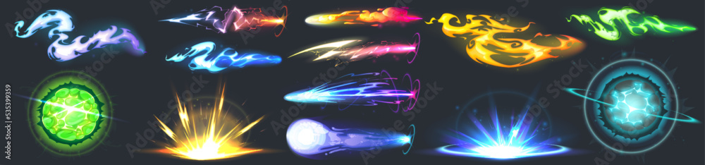 Space guns vfx effect, explosion, laser blasters with plasmic beams and rays. Raygun pistols, futuristic alien weapon. Game comic energy phasers with colorful lightnings, fireballs Cartoon vector set