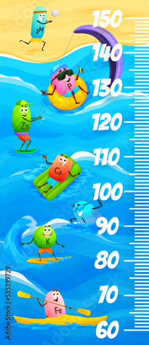 Kids height chart ruler, cartoon vitamin and mineral characters at beach vacations, vector growth meter. Baby tall size measure ruler with zinc kitesurfing, potassium on surfboard and iron on kayak