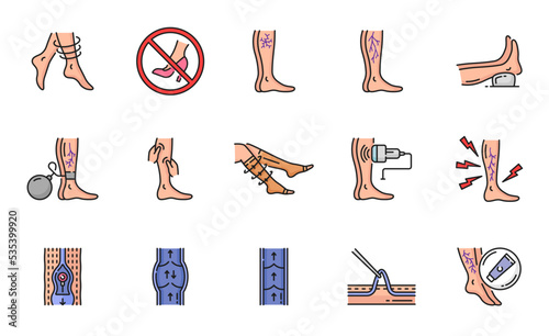 Varicose treatment icons, leg veins disease and thrombosis surgery, vector line symbols. Varicose or vascular varices circulation insufficiency, medical treatment, compression therapy and prophylactic