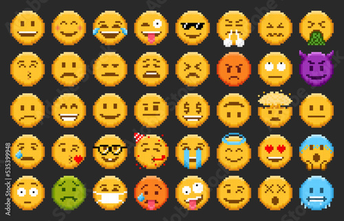 Pixel emoji, emoticon smiles and 8 bit face icons, vector happy, sad and angry set. Pixel emoji or cute smiles with laugh or love emotions, message chat emoticons and expression smiles, pixel stickers