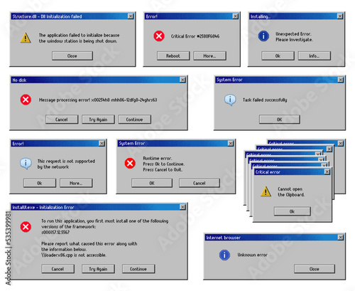 Error message windows, computer system warning, vector, PC alert popup screen interface. Critical error message windows of runtime notification with continue, quit and reboot option for unknown error
