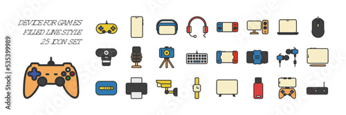 Gaming device icons. 25 icon collection with filled outline style