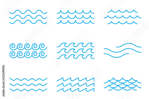 Outline sea and ocean surf wave icons, blue water or marine tide pattern, vector borders and frames. Blue water wave ripples and tidal curves or curls of flowing aqua, marine wavy ripple line frames