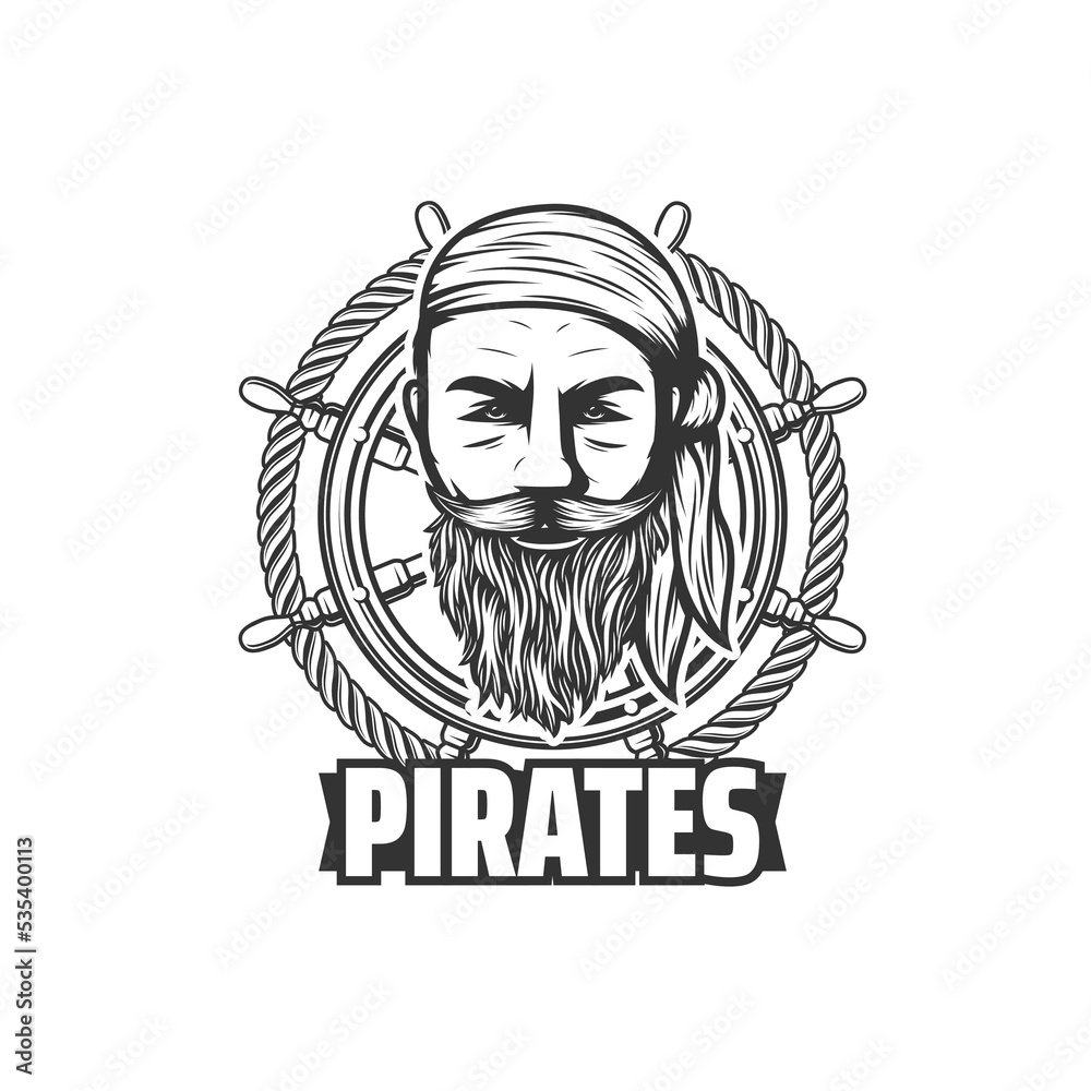 Pirates symbol or icon. Sailing sport team, ocean adventure and treasure search monochrome vector emblem with bearded filibuster or corsair in bandana and medieval ship wooden steering wheel