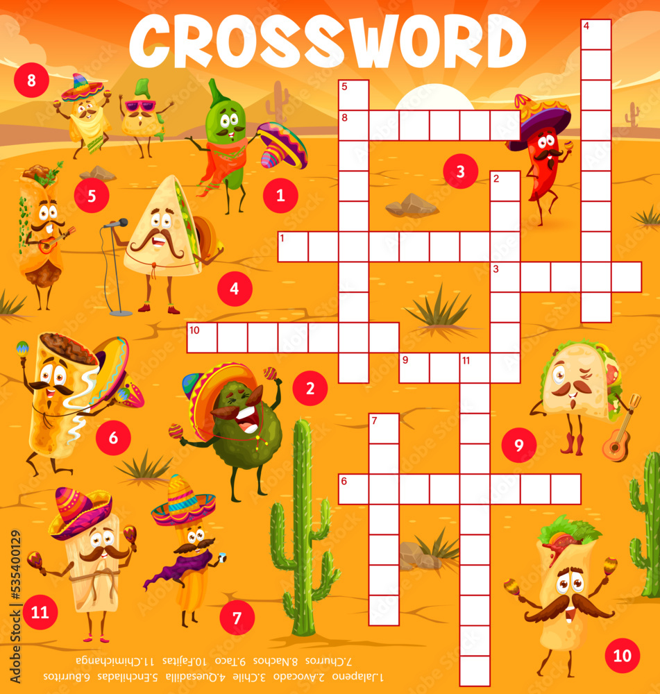 Fototapeta premium Cartoon mexican food characters crossword puzzle game grid, find a word quiz worksheet. Vector jalapeno, avocado, chile, quesadilla, enchilada, burrito, churros, nachos and taco, fajitas, chimichanga