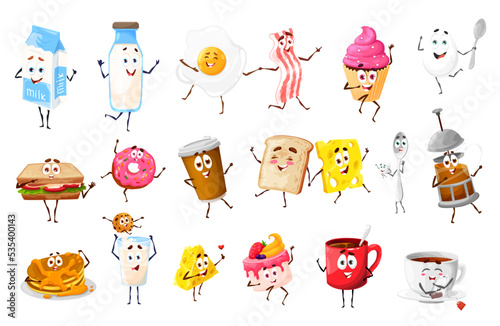 Funny cartoon breakfast food and drinks characters. Milk, scrambled egg and sandwich cute personage. Cake, donut and pancake desserts, bacon, toast and cheese, coffee, tea drinks vector characters set