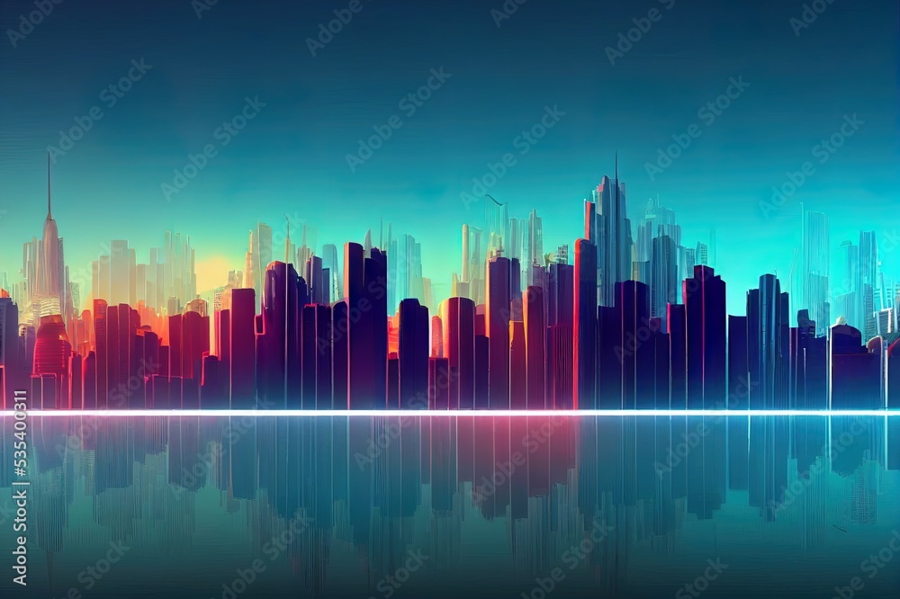 Future smart city skyline panorama 3D scene. Futuristic eco cityscape creative concept illustration skyscrapers, towers, tall buildings. Panoramic urban view of green ecology friendly megapolis town