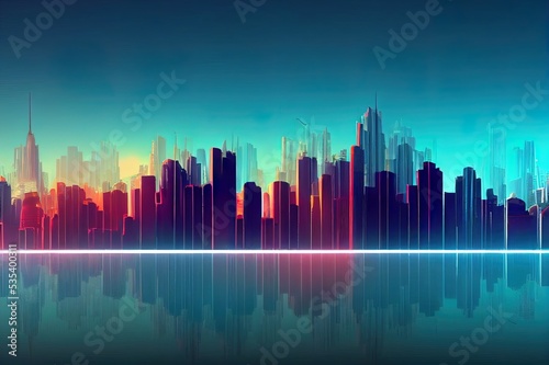 Future smart city skyline panorama 3D scene. Futuristic eco cityscape creative concept illustration skyscrapers  towers  tall buildings. Panoramic urban view of green ecology friendly megapolis town