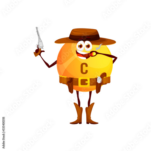 Cartoon vitamin C cowboy character. Funny vector western ranger or horseman wear hat, smoking cigar with gun in hand. Yellow capsule, health care personage, isolated fantasy smiling game adventurer