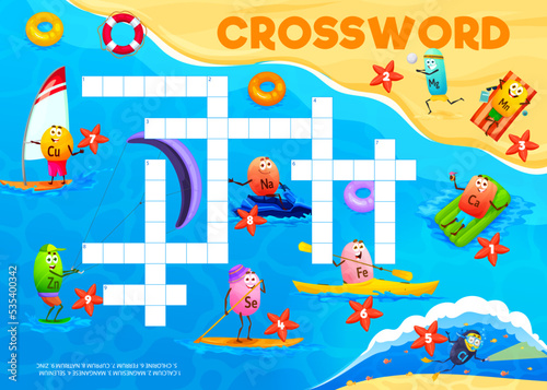 Crossword quiz game grid, cartoon vitamin and mineral characters on beach vacation, vector worksheet. Kids crossword game with selenium on paddle board, iron pill on kayak and natrium or water scooter