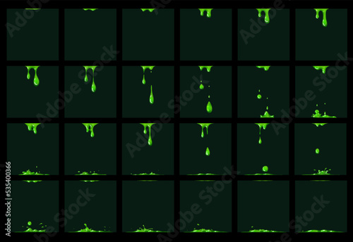 Green slime animation, animated sprite effect, vector game cartoon UI. Green poison or liquid slime and toxic splash drops for sprite sheet or FX effect, dripping green venom or radioactive slime
