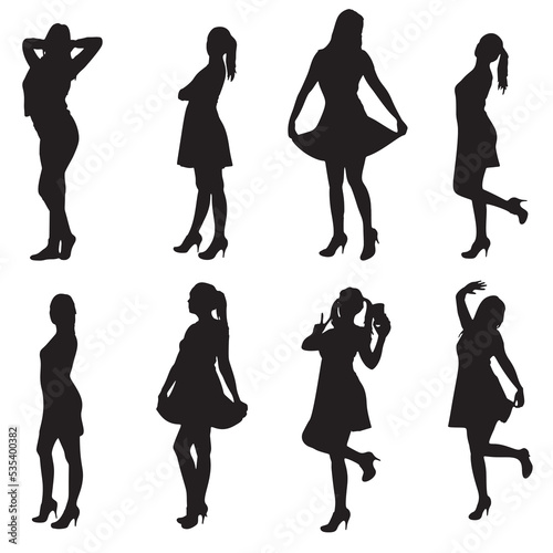 silhouettes of woman standing, different poses, people, group women, black color, isolated on white background