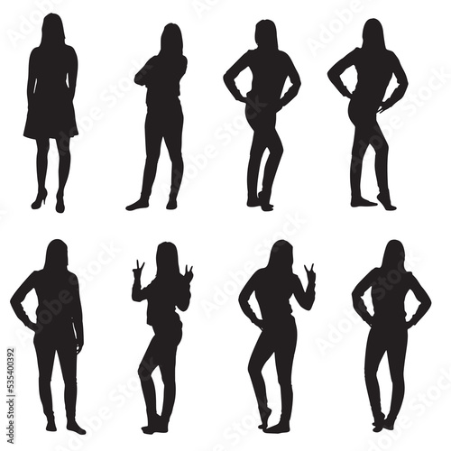 silhouettes of woman standing, different poses, people, group women, black color, isolated on white background