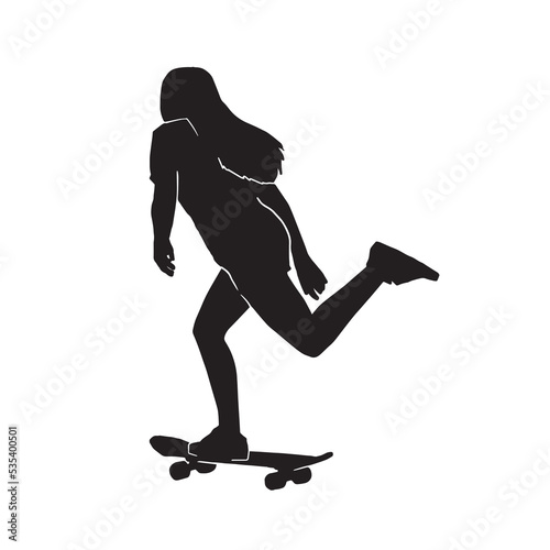 Black silhouette of skateboarder. Skateboard girl. Skateboarding trick ollie. Jump on skateboard. Vector illustration. Silhouette of a cute girl with long hair, with skateboard. photo