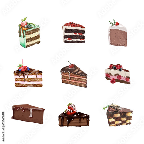 Sweet cakes slices pieces. Hand drawn watercolor vector illustration
