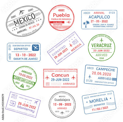 Passport travel stamps, Mexico airport visa arrival to Mexican cities, vector signs. International destinations and Mexico travel stamps of Acapulco, Cancun and Veracruz or Monterrey and Guadalajara