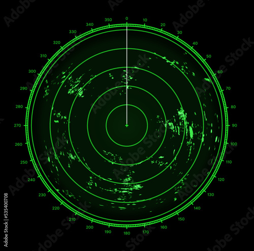 Ship radar or sonar screen, military target and aim scan circle, vector digital HUD technology. Ship sonar or signal radar scanner with location map monitor, submarine detection radar display photo