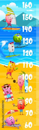 Kids height chart ruler. Cartoon vitamin characters on summer vacation. Height scale kids vector growth meter with cute A, B, C and D sunbathing, windsurfing and riding on ski jet vitamins