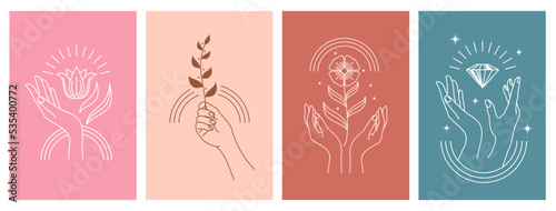 Cosmetic and SPA icons with woman hands  sun  flower  gem and moon in vector boho line. Diamond jewelry  flower blossom and plant branch symbols for cosmetic design  moisturizer cream or SPA skincare