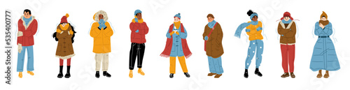 People freeze and shiver at cold weather. Isolated characters wear warm clothes trembling and suffering of low minus degrees temperature at wintertime season, Cartoon linear flat vector illustration