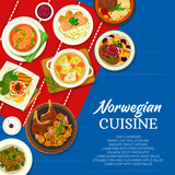 Norwegian cuisine restaurant menu cover with vector dishes of meat, fish, vegetable and fruit food. Salmon soup, chowder and trout tartare, grape leaf rolls dolma, lamb chops and ribs with wine sauce