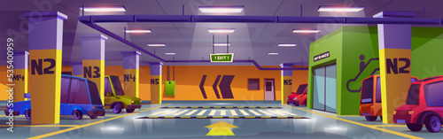 Mall parking, underground car garage interior with vehicles and vacant lots. Area for transport in building basement with columns and guiding arrows, city infrastructure, Cartoon vector illustration