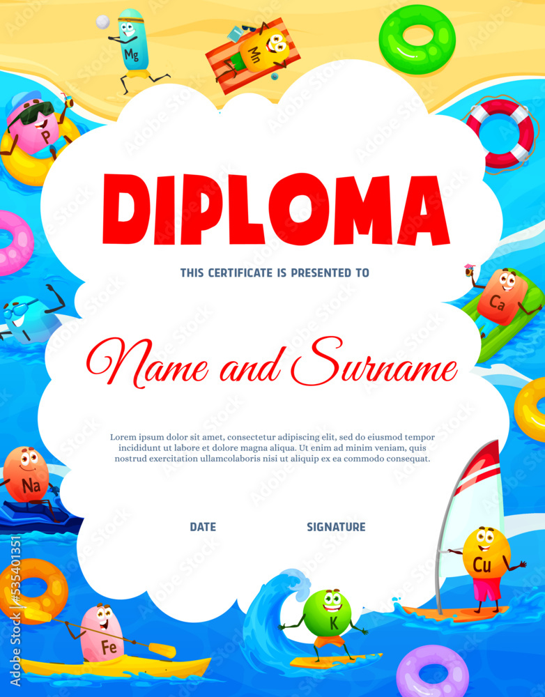 Kids diploma, cartoon vitamin and mineral characters on beach vacations, vector education certificate. Kindergarten appreciation diploma award with iron pill on kayak, calcium and cuprum on surfboard