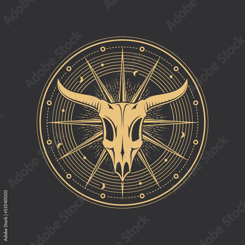 Occult esoteric tarot card symbol of Baphomet skull, magic and alchemy vector circle. Esoteric symbol of sacred sun of celestial mystic clock with moons and Baphomet goat skull in devil pentagram