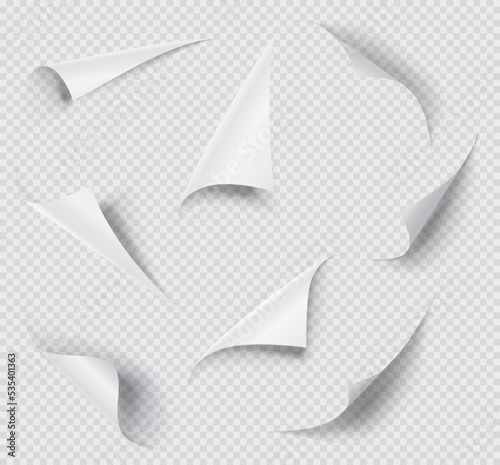 Paper page corners, sheet curly folds and sticker corner turn flips, realistic vector shadow. White blank paper page corners with curl peel edges, book sheet rolled up or curly bent note borders