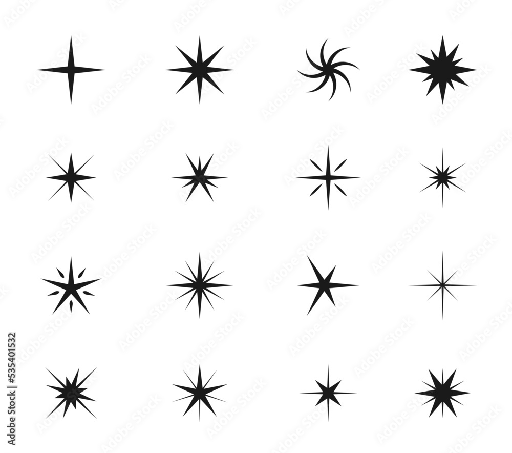 Star twinkle icons, sparkle shine flashes and light bright sparks, vector symbols set. Magic glitter of star twinkle and holiday starburst with glow flare effect, shiny firework sparkles and sparks