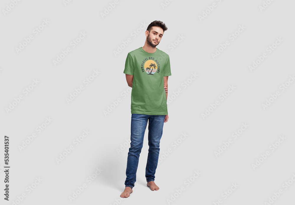 Full Body Portrait of a Man Wearing a T-Shirt Mockup Stock Template ...