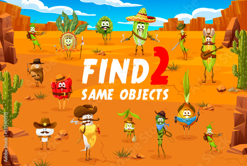 Find two same cartoon cowboy, sheriff, indian and bandit vegetable characters. Objects compare quiz, difference spotting game vector worksheet with bean, kohlrabi and artichoke, corn, potato, pepper