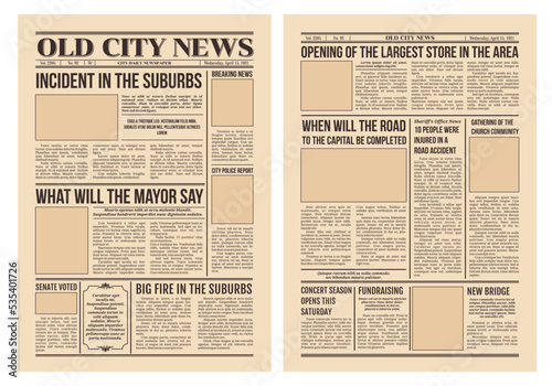 Vintage newspaper, old paper with city news page, vector retro background. Newspaper articles and picture frames, newsprint press with headline or news poster with titles in columns and empty pictures
