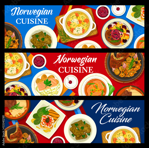 Norwegian cuisine vector banners with fish and meat food dishes. Vegetable fruit salad, salmon soup and chowder, lamb chops with wine sauce, grape leaf rolls dolma, trout tartare and soured milk