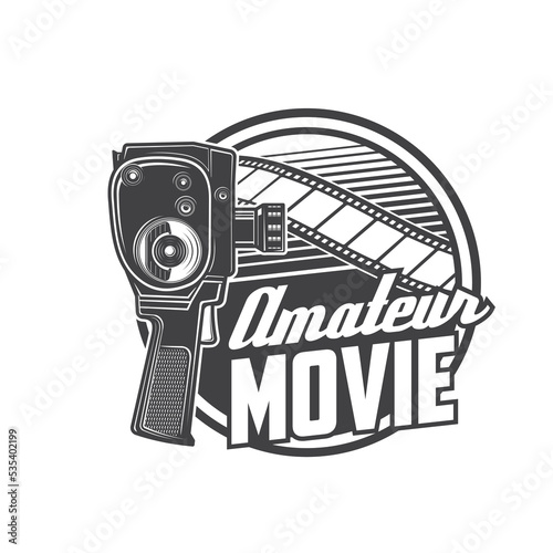 Vintage movie camera icon of vector retro video camera or old handheld camcorder with film reel and tape frame. Cinematography and newsreel equipment badge, movie festival or motion picture studio