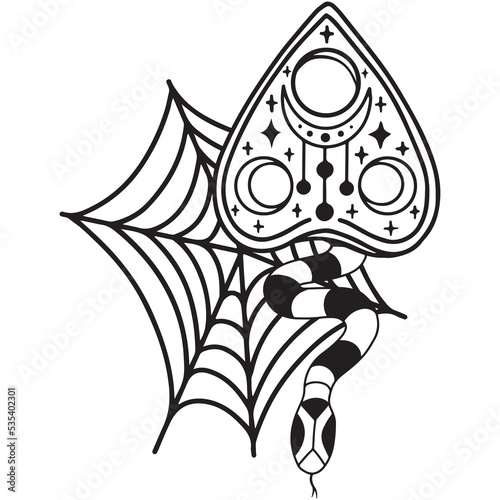 Hand drawn magical composition with snake, spider web and ouija board