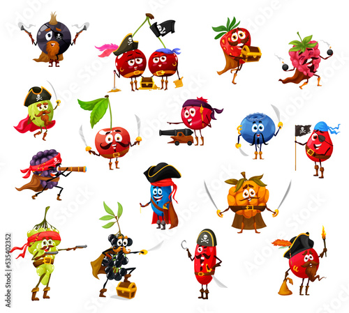 Cartoon funny berry pirates, corsairs and filibusters characters. Vector black currant, birds cherry, strawberry and gooseberry. Cloudberry, grapes, blueberry and barberry, rosehip, cranberry rovers