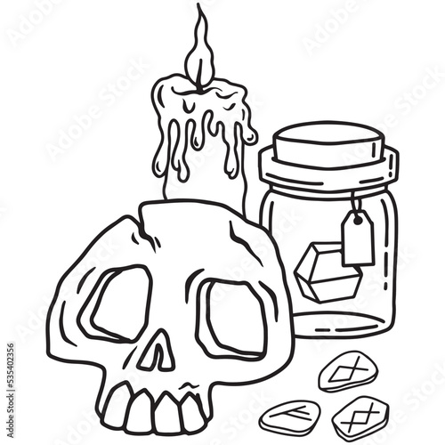 Hand drawn magical composition with a skull, a jar of magic crystal, runes and a candle