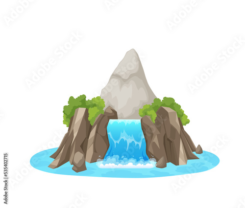 Cartoon mountain waterfall, isolated natural park water cascade . Falling from rock cliff clean aqua stream background, river water cascade nature environment vector game asset with mountain peak